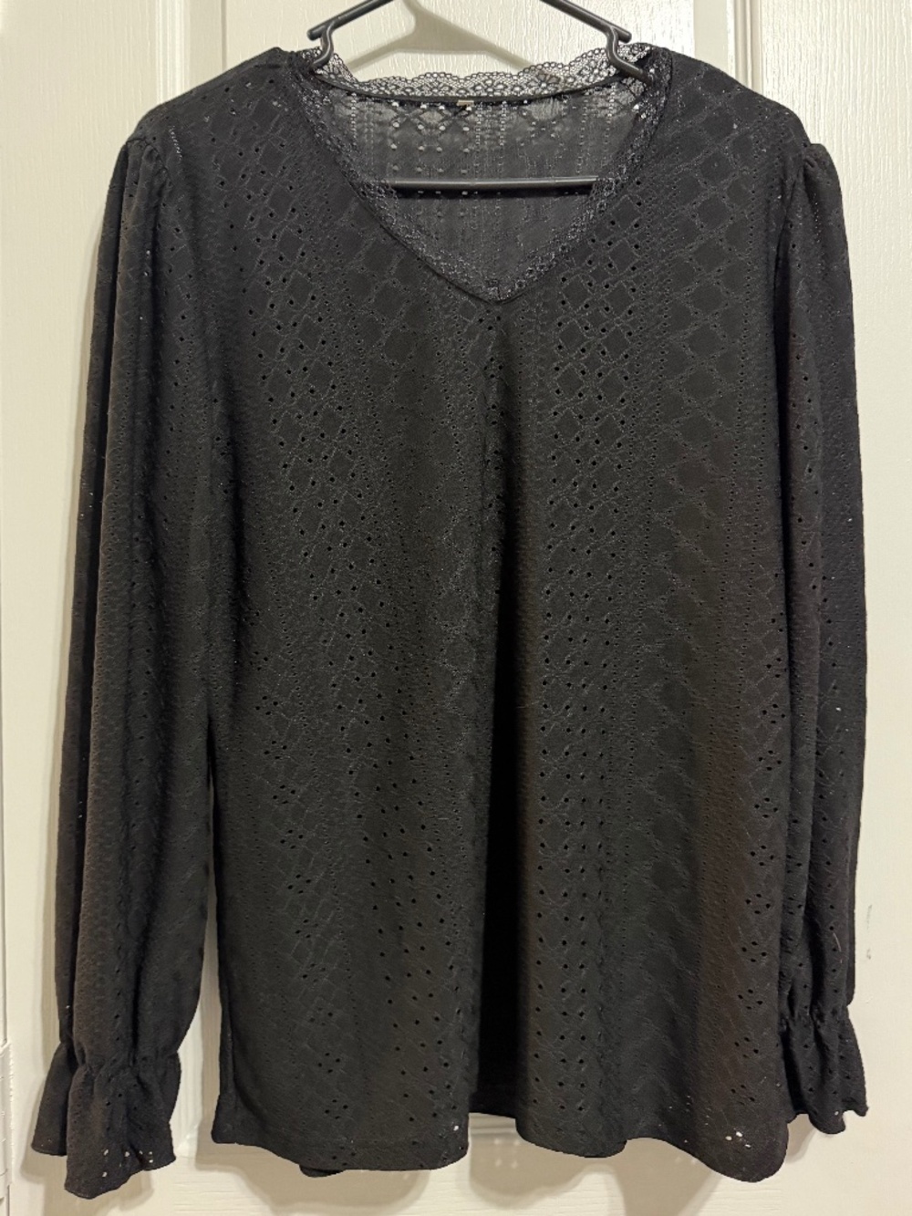 Black Eyelet Long Sleeve V-Neck Lace Trim Ruffle Cuff Blouse